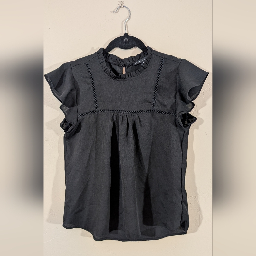 Haute Monde Black Blouse Women's Medium Flutter Sleeve Semi-Sheer